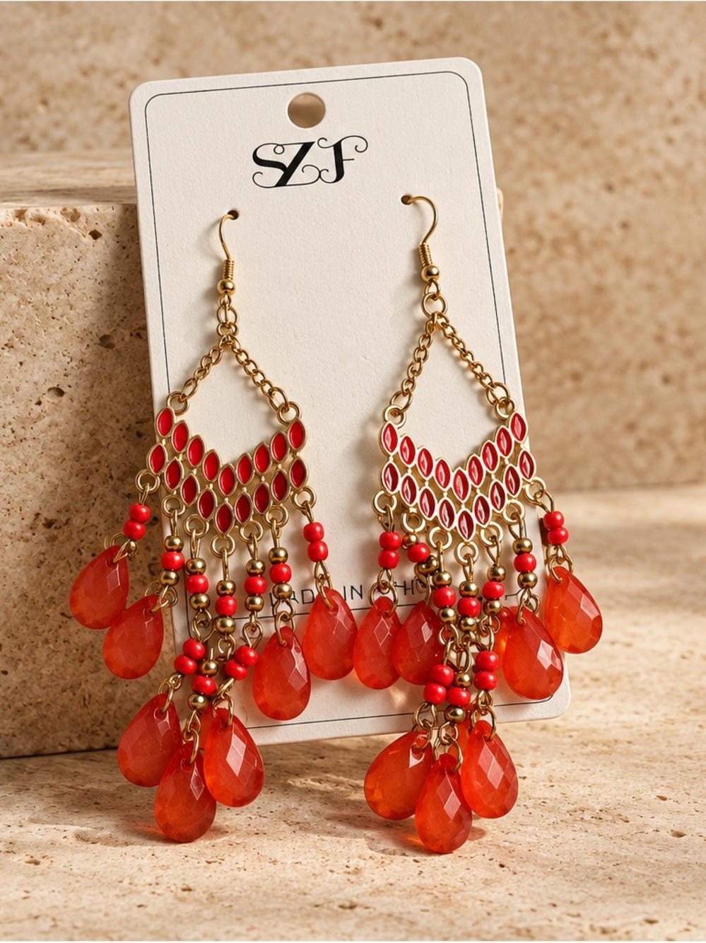 Fashion Jewelry Orange Teardrop Chandelier Earrings
